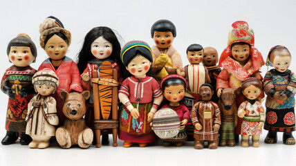 Collection of diverse cultural dolls in traditional costumes on a white background.