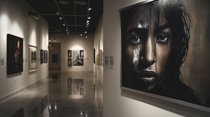 Art gallery interior showcasing a prominent portrait with reflective mood and various artworks.