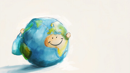 Whimsical illustration of Earth with a smiling face and arms, carrying a bag, on a light background.