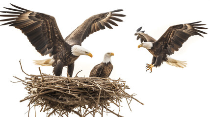 Bald eagles with one in flight and two perched on a nest against a clear background.