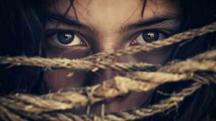 Intense eyes looking through a gap in a frayed rope, conveying a sense of intrigue or suspense.