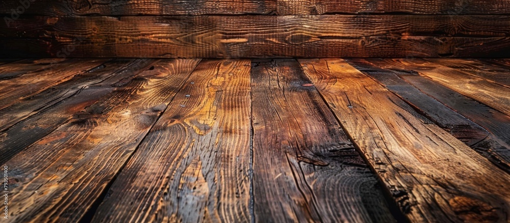 Aufkleber close up of a wooden floor with a soft glowing light shining on the textured surface, creating a war