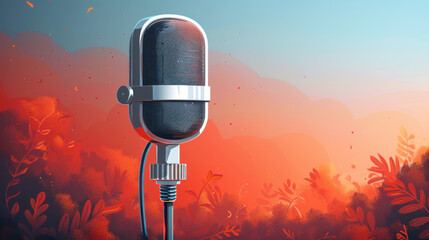 Vintage microphone podcast on red autumn season background.
