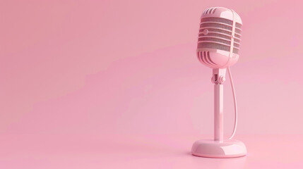 Pink microphone podcast on matching background in retro style.