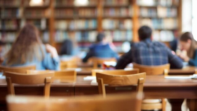 Defocused background image of a busy library with students tered across tables and desks absorbed in their books and research materials. The shelves of books in the background add .