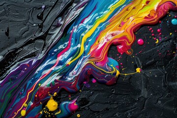 Obraz na płótnie Canvas Spills of multicolored metallic dye mixing and spreading on black background - generative ai