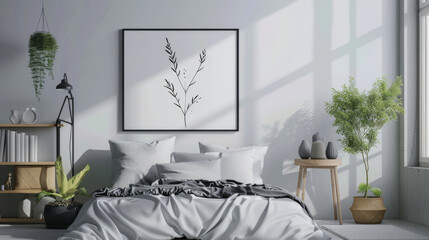 A serene bedroom interior in minimalist style with botanical wall art, lush houseplants, and natural light creating a tranquil space.
