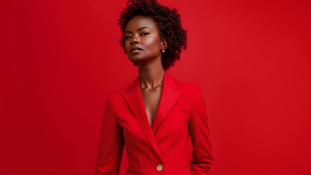 With her impeccably tailored suit in a bold red hue the Black woman commands attention and exudes confidence. The subtle pinstripe pattern and expertly tailored fit showcase her attention .
