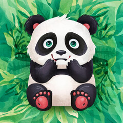 숲속에서 웃고있는 귀여운 애기 판다곰