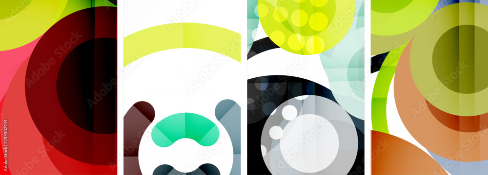Poster a vibrant composition of colorful circles on white background, incorporating elements such as automo