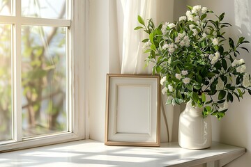 A simple white wooden picture mockup on table with flower and sunlight coming from window and a big space for text or product backdrop, Generative AI.
