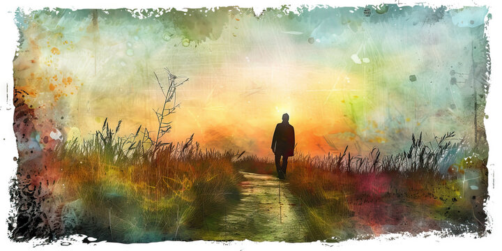 The Pilgrim's Path and Journey of Faith - Visualize a pilgrim walking a path of faith, illustrating the journey of faith that can provide solace and direction during times of sadness.