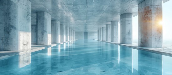 A serene and tranquil pool stretching in length with crystal clear blue water reflecting the sky - obrazy, fototapety, plakaty