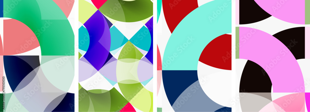 Poster An artistic textile product featuring a colorful geometric pattern with circles and squares in electric blue and azure hues, embodying symmetry and organismlike qualities on a white background