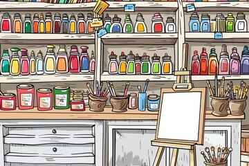 Cartoon cute doodles of an art supply store with shelves stocked full of paints, brushes, and canvases, Generative AI