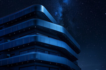 Ultramodern midnight blue apartment under the stars features sleek, futuristic balconies. - Powered by Adobe