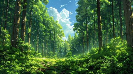 The forest, with its tall pines and deciduous trees, dense underbrush, filtered sunlight, exudes natural tranquility