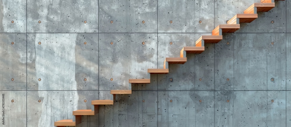 Poster wooden staircase with steps leading upwards towards a solid concrete wall in a simple and minimalist