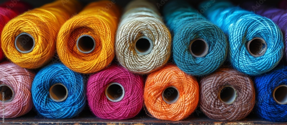 Poster colorful assortment of yarn spools in a close-up view showing various textures and colors for knitti