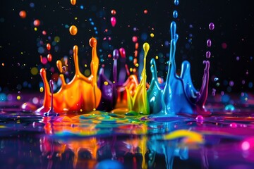 Spills of multicolored metallic dye mixing and spreading on black background - generative ai