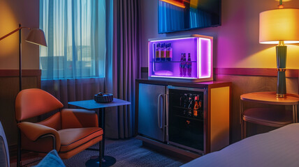 A chic hotel room corner with a neon-lit minibar and lounge chair.
