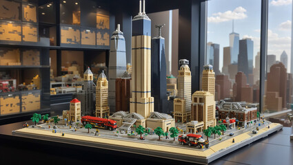 a miniature city made out of Lego bricks. There are tall buildings, cars, and trees