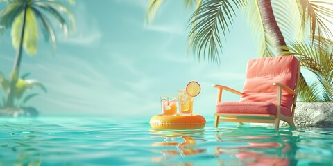 The notion of a summer beach encompassing a vivid ring floating along with a armchair and a cocktail glass over a pale green backdrop and space, Generative AI.