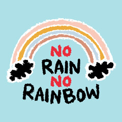 No rain no rainbow. Hand drawn lettering. Motivational quote.