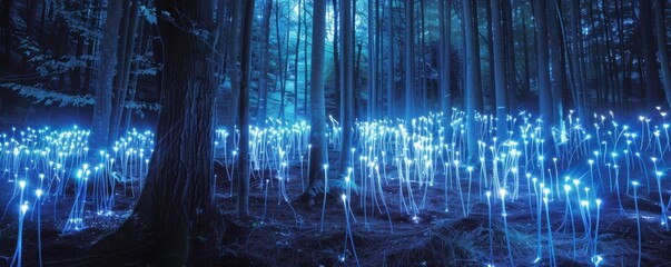 Enchanted night forest with mystical blue lights