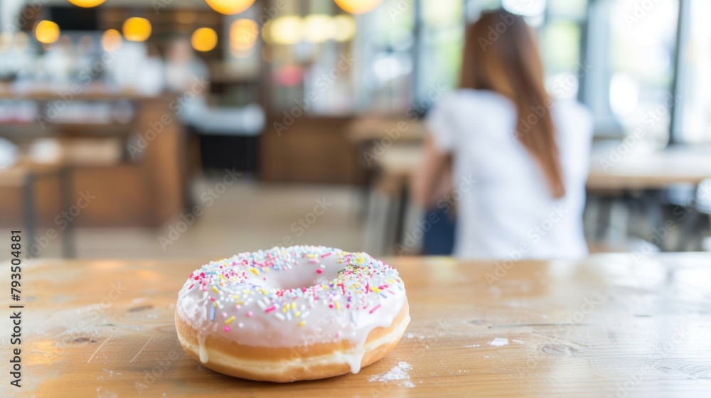 Poster close-up of a colorful sprinkled donut on a rustic wooden table in a cafe setting.