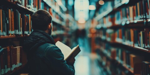 A solitary man engrossed in reading a book standing in a library aisle surrounded by shelves of books. - obrazy, fototapety, plakaty