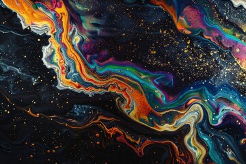 Spills of multicolored metallic dye mixing and spreading on black background - generative ai