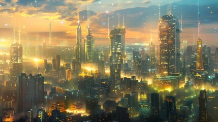 Digital Urbanization: Cityscape with Interconnected Dots Symbolizing Smart City Tech