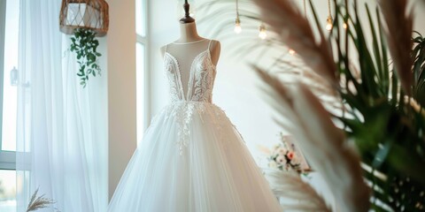 A stylish bridal dress on a mannequin in a well-lit room with natural light by the window.