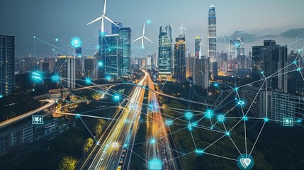 Smart City Connectivity: Dots Illuminate Cityscape with Tech Integration