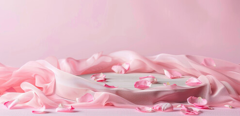 Soft pink chiffon with scattered rose petals on a delicate background.