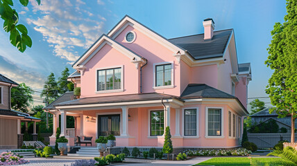 A delicate blush pink house, accented by a touch of greenery, showcasing the simplicity of suburban elegance.