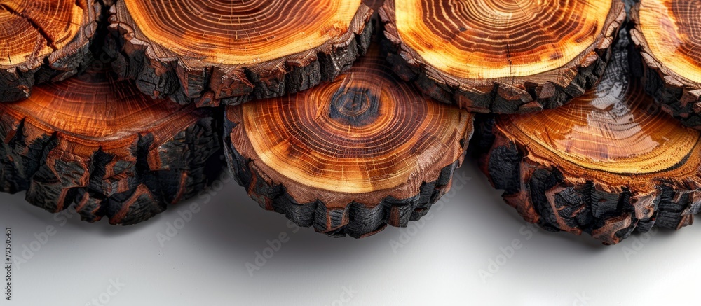 Poster numerous circular wooden slices are scattered on a flat surface, creating a rustic and natural displ