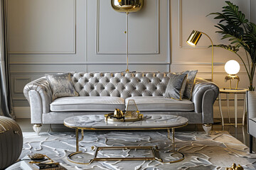 A deluxe living room with a modern twist, presenting a silver velvet sofa, a contemporary coffee table, a stylish pouf, gold decor, a statement plant, a futuristic lamp, 