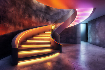 A futuristic foyer where the curved staircase is illuminated by LED lights, changing colors to create a dynamic atmosphere. The stairs appear to float without support - Powered by Adobe