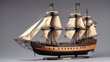 A wooden model of a 3-masted ship with black sails on a wooden stand.
A wooden model of a 3-masted ship with black sails on a wooden stand.


