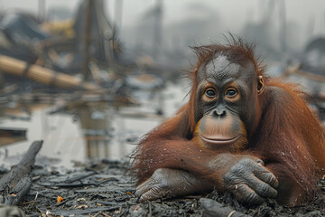  Orangutan Homeless After Deforestation,
Female sumatran orangutan chewing food and looking at the camera
