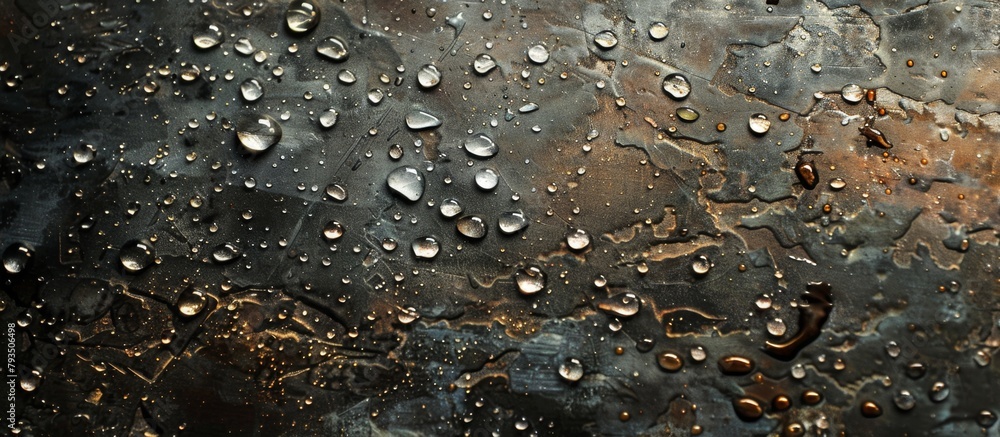 Poster close-up view of a metallic surface with small water droplets scattered across it, creating a captiv
