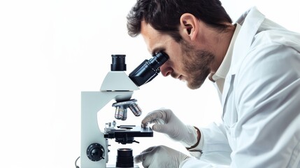 A biotech researcher in lab attire, examining samples under a microscope, appearing focused and curious, against a clean, white background, styled as an innovative scientific corporate study.