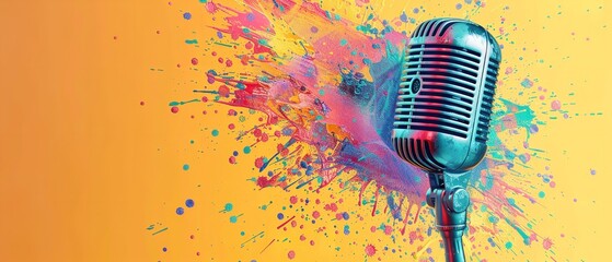 A vintage microphone with colorful backdrop and splashing of colors on it with a big space for text or product advertisement backdrop, Generative AI.