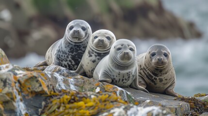 Group of Seals on Rock by the Ocean. Quartet of curious seals lounges on a seaside rock, their...