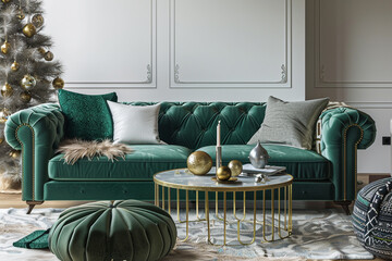 A luxurious living room with a jade green velvet sofa, contemporary coffee table, and elegant gold...