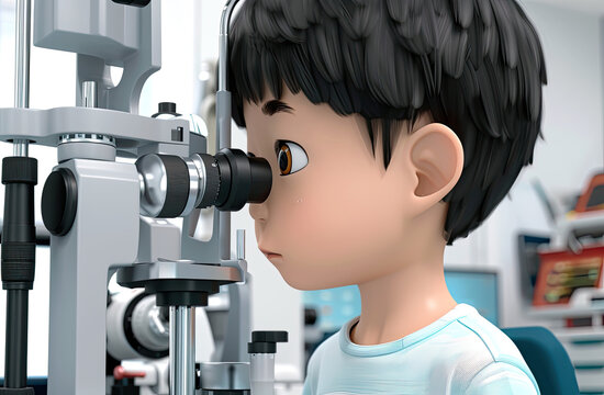 Realistic little girl Asian undergoing an eye test at an ophthalmologist