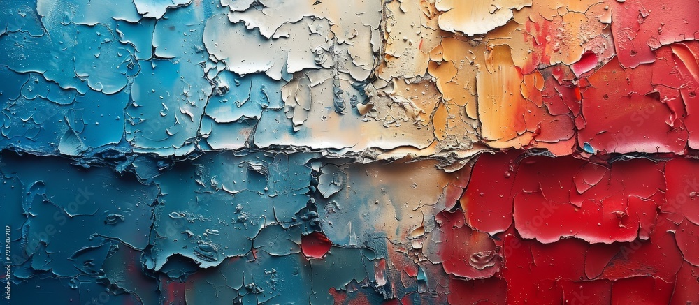 Poster detailed close-up of a textured wall with colorful and peeling paint layers creating a vibrant and w