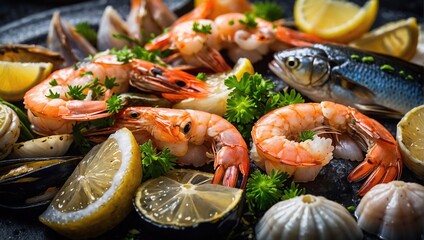 Variety of fresh luxury seafood. Fresh fish and seafood